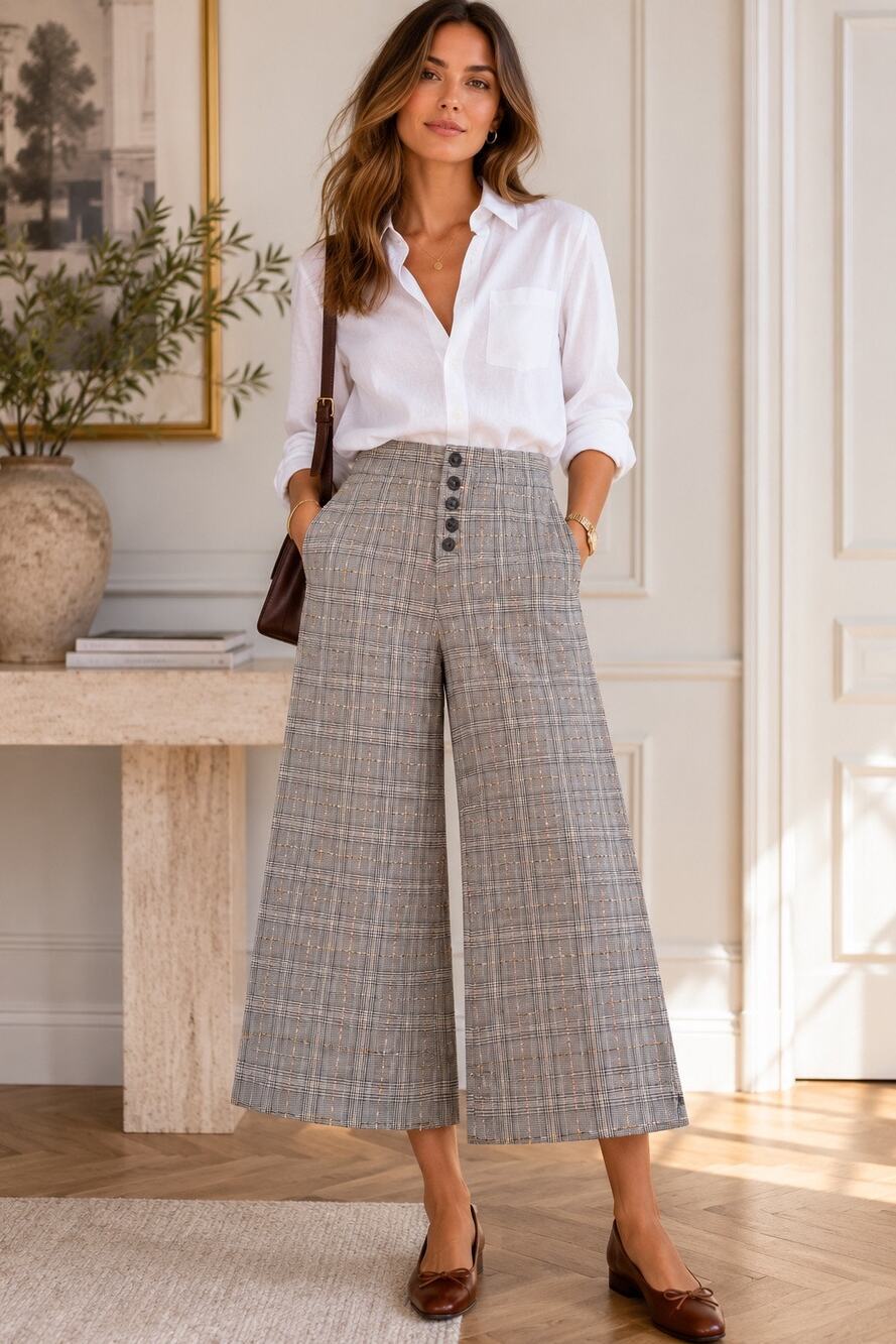Anthropologie Plaid Cropped Wide Leg Pants Button Fly Windowpane Tweed Career 0